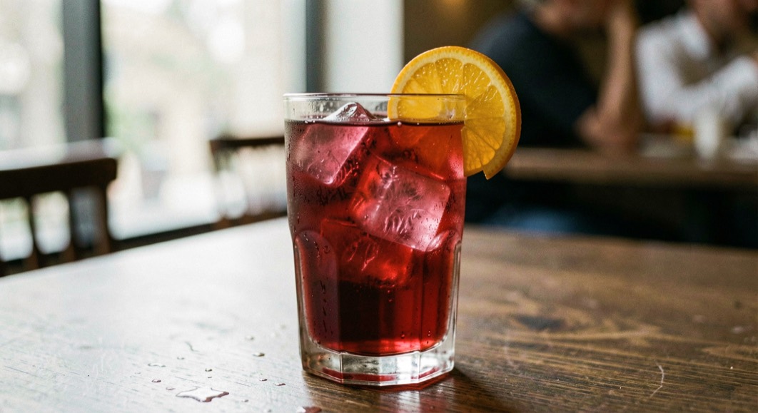 A ruby aperitif drink with soda and an orange slice