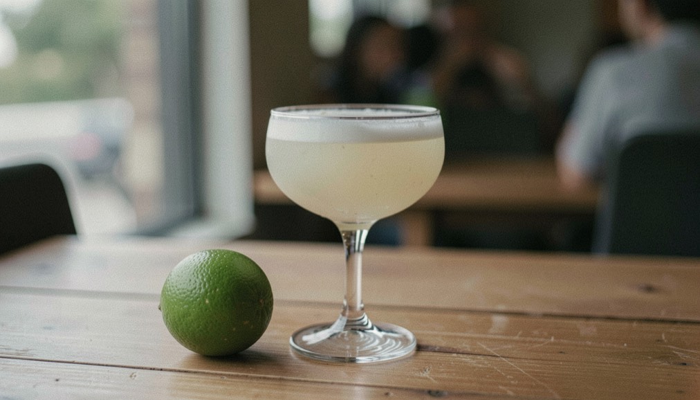 A pale daiquiri in a coupe with a fresh lime nearby