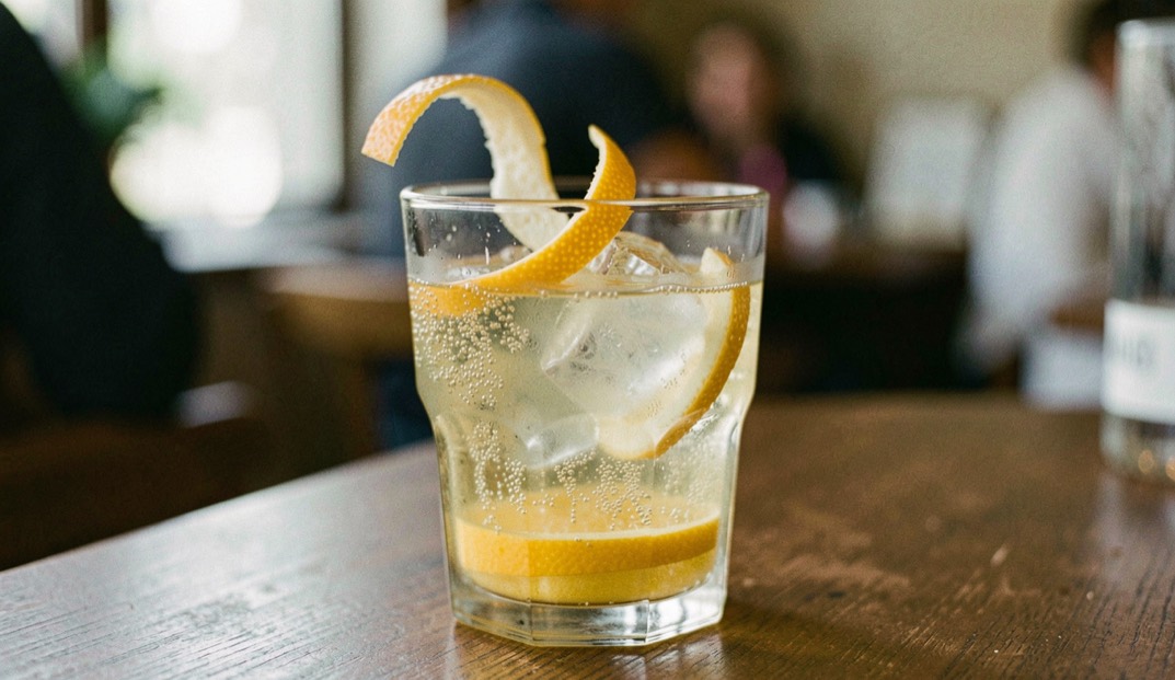 A tall tea and tonic drink with citrus peel