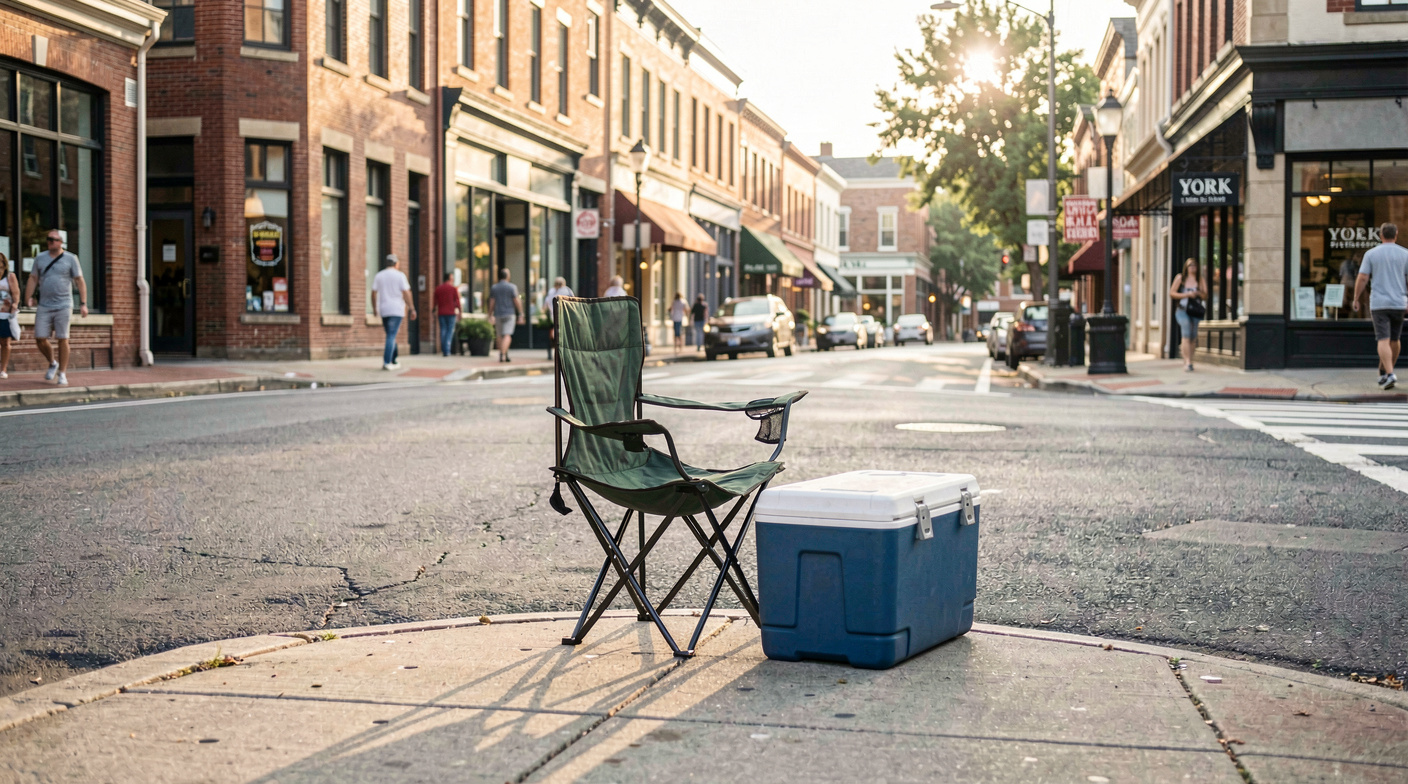 A folding chair and a small cooler on a downtown York, PA curb at mid morning, parade route empty ahead, low summer sun raking across brick storefronts, wide shot from sidewalk level.