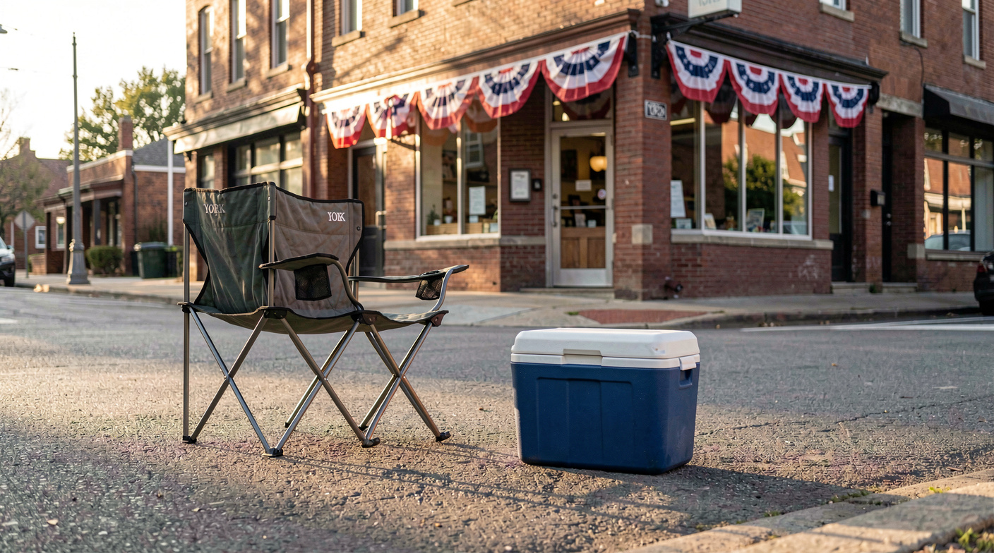A folding chair and a small cooler on a downtown York curb at mid morning, red white and blue bunting on a brick storefront behind, low sun raking across the pavement, medium wide shot.